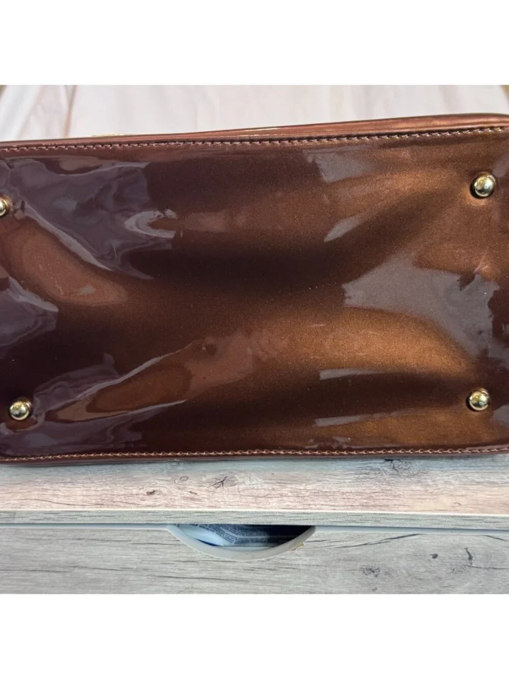 Brown Patent Leather Doctor Satchel Structured Top Handle Vintage Style Handbag